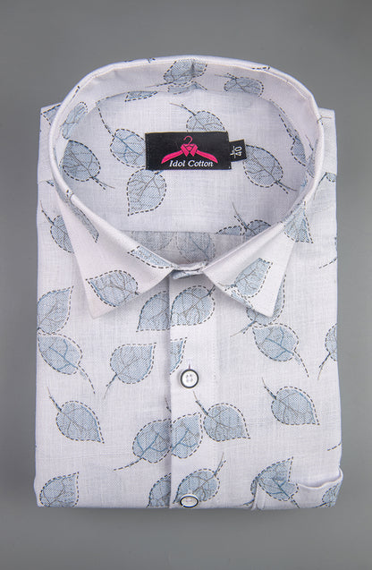 Linen Cotton White with Sky Blue Leaf Outline Print Men’s Shirt