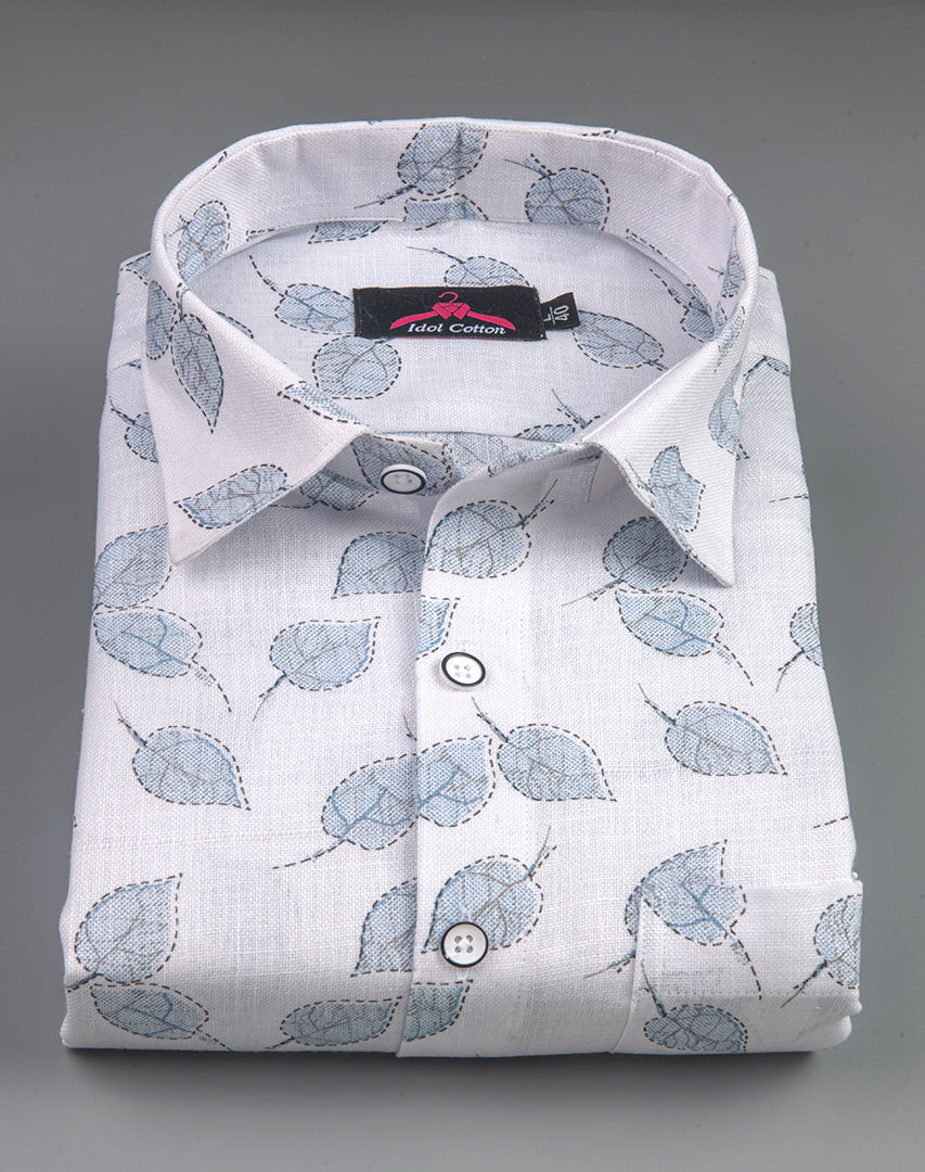 Linen Cotton White with Sky Blue Leaf Outline Print Men’s Shirt