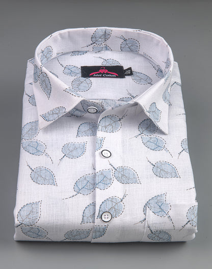 Linen Cotton White with Sky Blue Leaf Outline Print Men’s Shirt