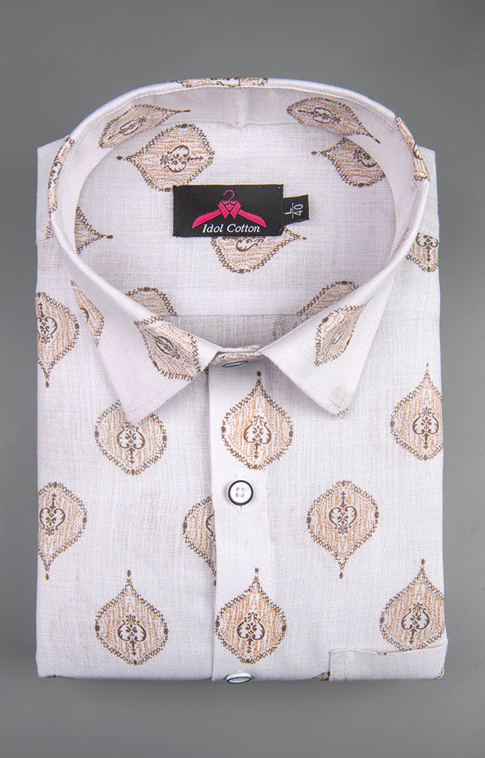 Linen Cotton White with Sand Brown Butta Print Men’s Shirt