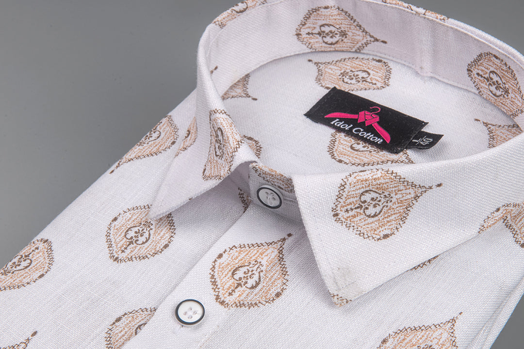 Linen Cotton White with Sand Brown Butta Print Men’s Shirt