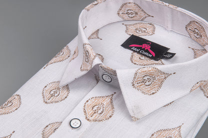 Linen Cotton White with Sand Brown Butta Print Men’s Shirt