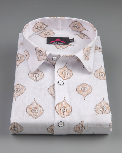 Linen Cotton White with Sand Brown Butta Print Men’s Shirt