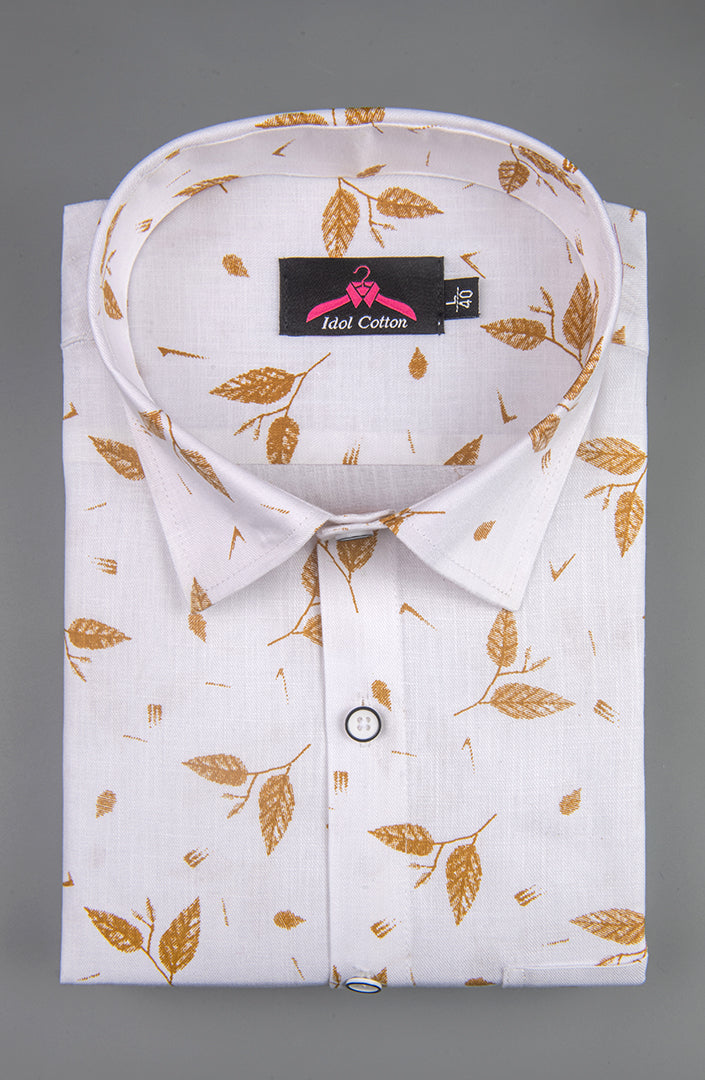 Turkey Linen White with Mustard-Coloured Botanical Leaf Print