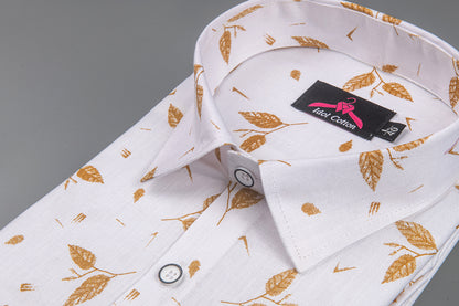 Turkey Linen White with Mustard-Coloured Botanical Leaf Print