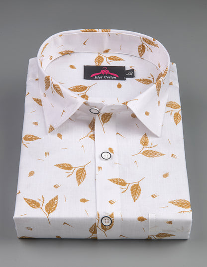 Turkey Linen White with Mustard-Coloured Botanical Leaf Print