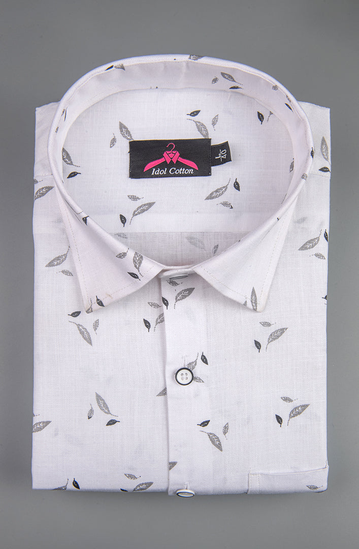 Turkey Linen White with Grey Leaf Print