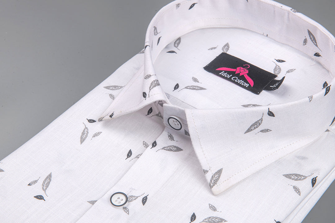 Turkey Linen White with Grey Leaf Print