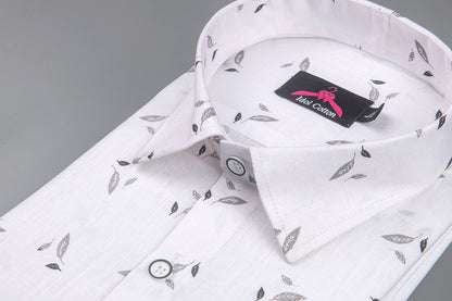 Turkey Linen White with Grey Leaf Print