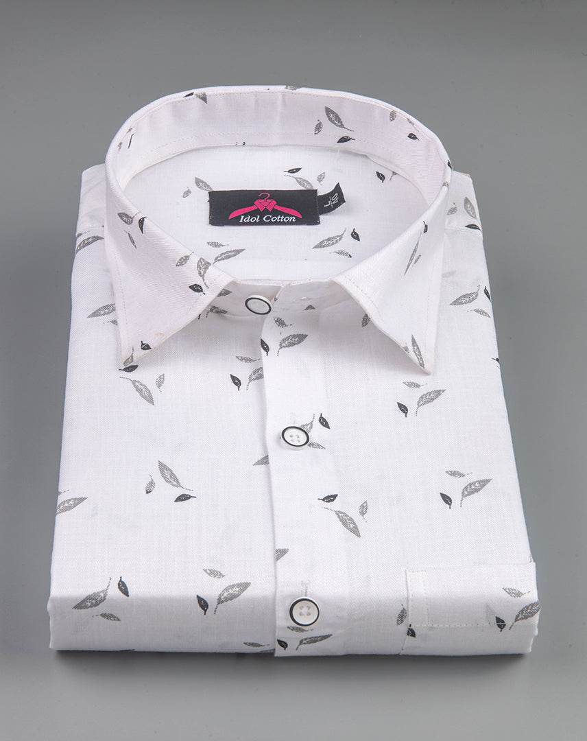 Turkey Linen White with Grey Leaf Print