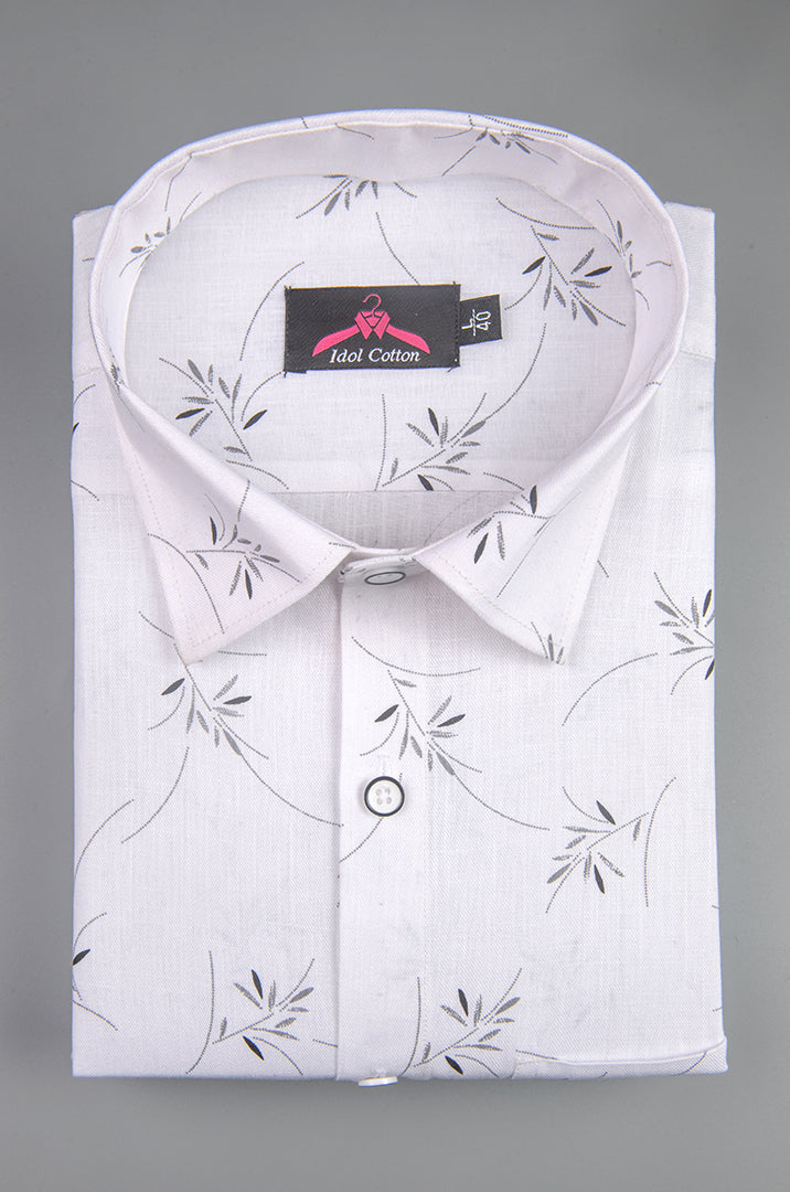 Turkey Linen White with Gray Zen Leaf Print Men’s Shirt