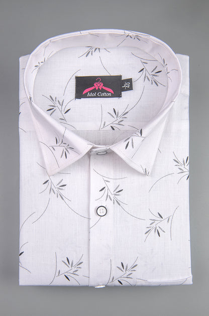 Turkey Linen White with Gray Zen Leaf Print Men’s Shirt