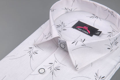 Turkey Linen White with Gray Zen Leaf Print Men’s Shirt