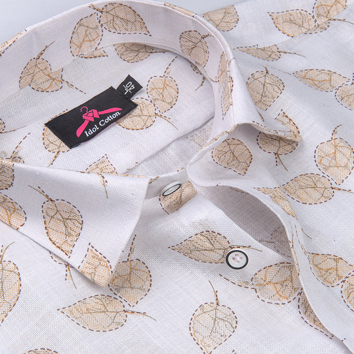 Linen Cotton White with Light Brown Leaf Outline Print Men’s Shirt