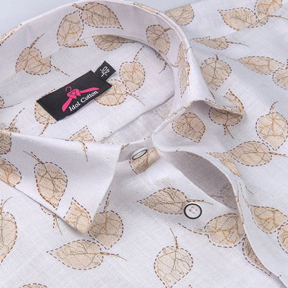 Linen Cotton White with Light Brown Leaf Outline Print Men’s Shirt