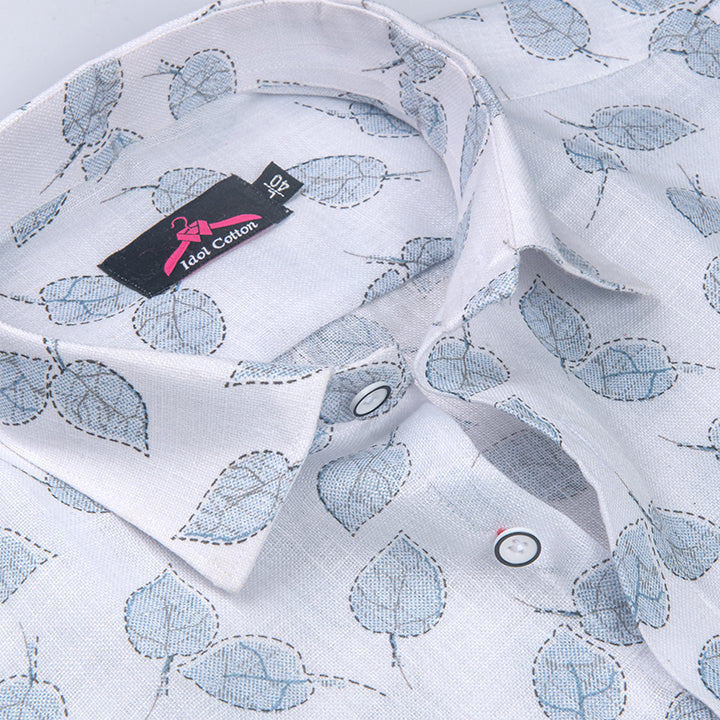 Linen Cotton White with Sky Blue Leaf Outline Print Men’s Shirt