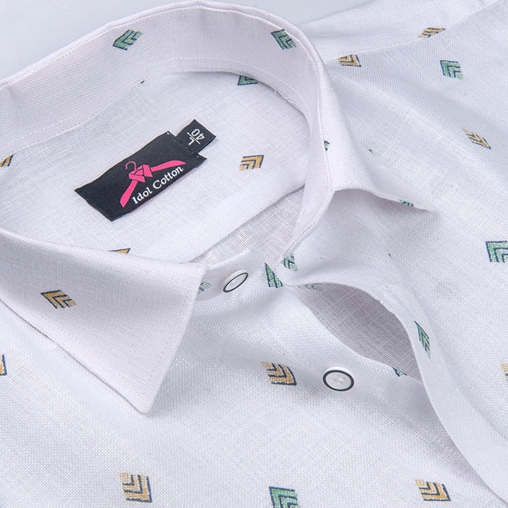 Linen Cotton White with Bottle Green & Mustard Yellow Geometric Micro Print Men’s Shirt