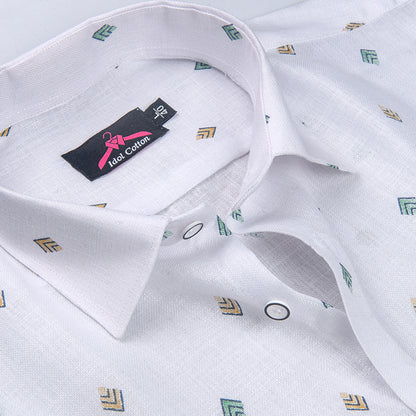 Linen Cotton White with Bottle Green & Mustard Yellow Geometric Micro Print Men’s Shirt