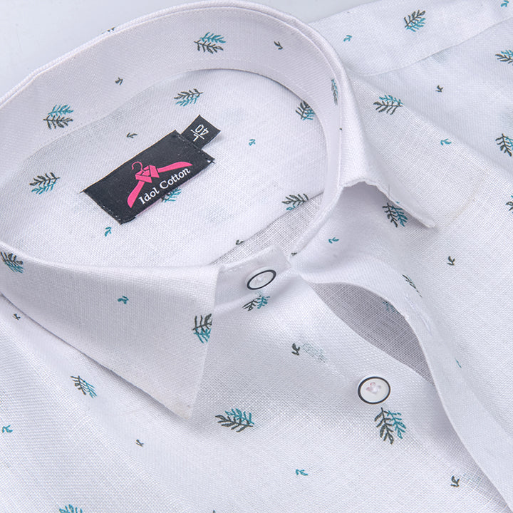 Linen Cotton White with Teal Green & Cool Green Micro Leaf Print Men’s Shirt