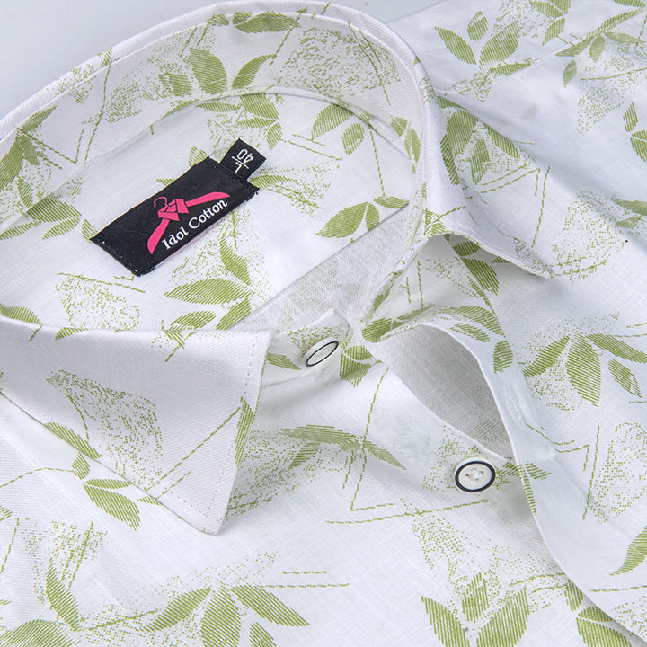 Turkey Linen White with Spring Green Leaf Print Men’s Shirt