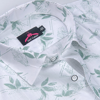 Turkey Linen White with Sage Green Leaf Print Men’s Shirt