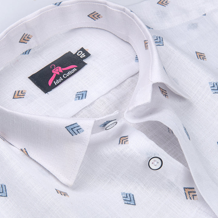 Linen Cotton White with Denim Blue & Mustard Brown Geometric Micro Print Men’s Shirt