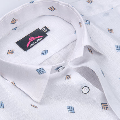 Linen Cotton White with Denim Blue & Mustard Brown Geometric Micro Print Men’s Shirt