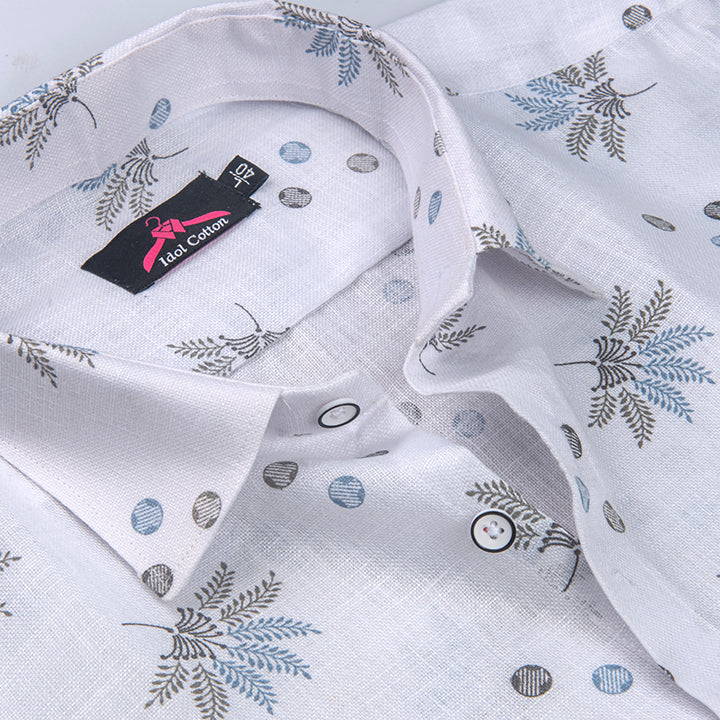 Linen Cotton White with Sky Blue & Gray Leaf Dot Print Men’s Shirt