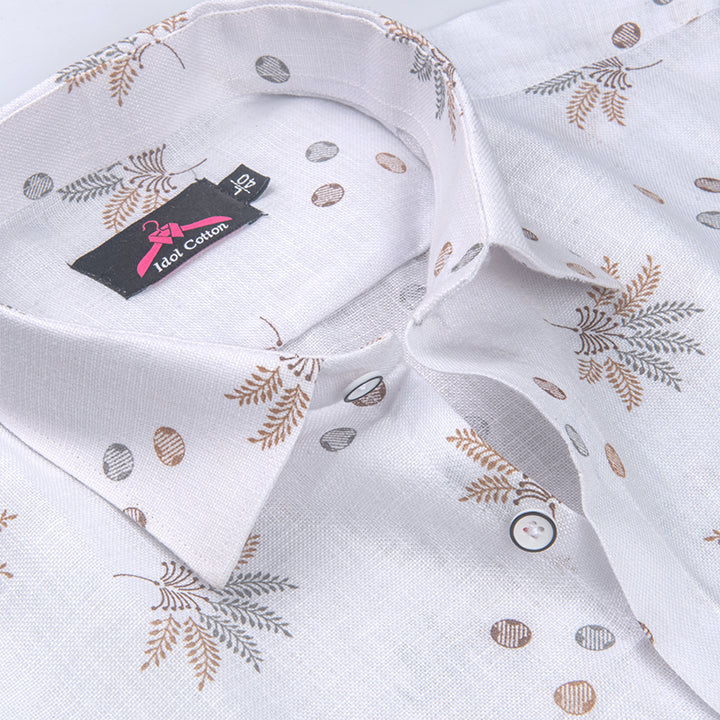 Linen Cotton White with Light Brown & Gray Leaf Dot Print Men’s Shirt