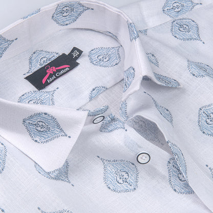 Linen Cotton White with Light Blue Butta Print Men’s Shirt