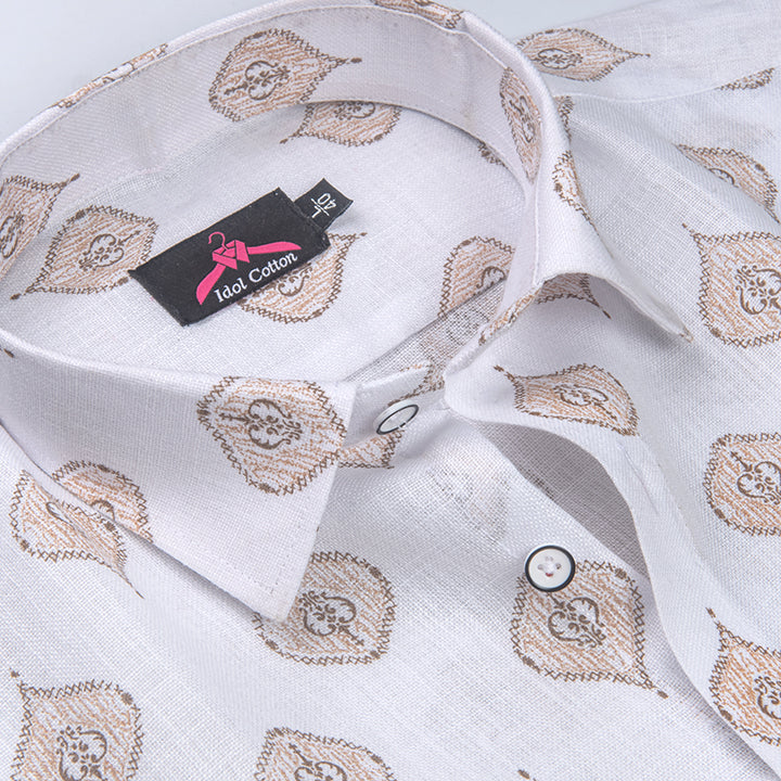 Linen Cotton White with Sand Brown Butta Print Men’s Shirt
