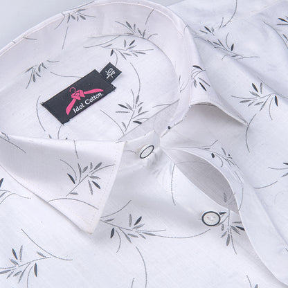 Turkey Linen White with Gray Zen Leaf Print Men’s Shirt
