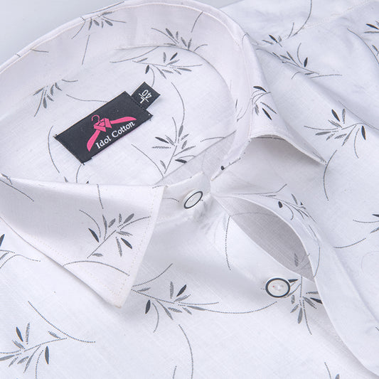 Turkey Linen White with Gray Zen Leaf Print Men’s Shirt