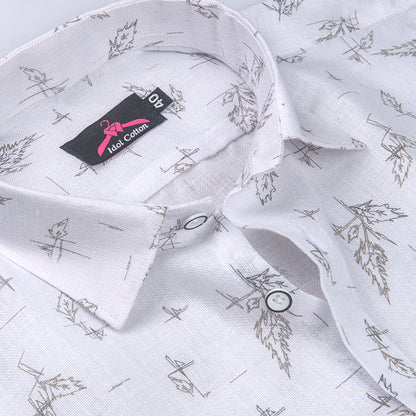 Linen Cotton White with Ash Gray Sketch Leaf Print Men’s Shirt