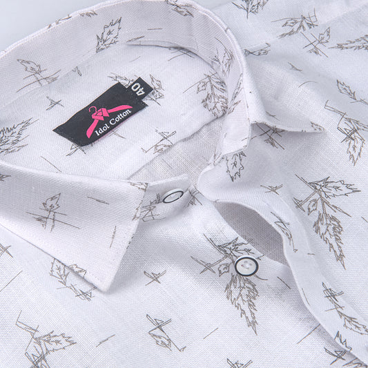 Linen Cotton White with Ash Gray Sketch Leaf Print Men’s Shirt
