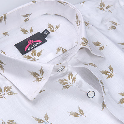 Turkey Linen White with Brown Leaf Print Men’s Shirt