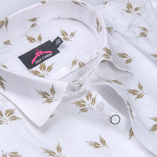 Turkey Linen White with Brown Leaf Print Men’s Shirt