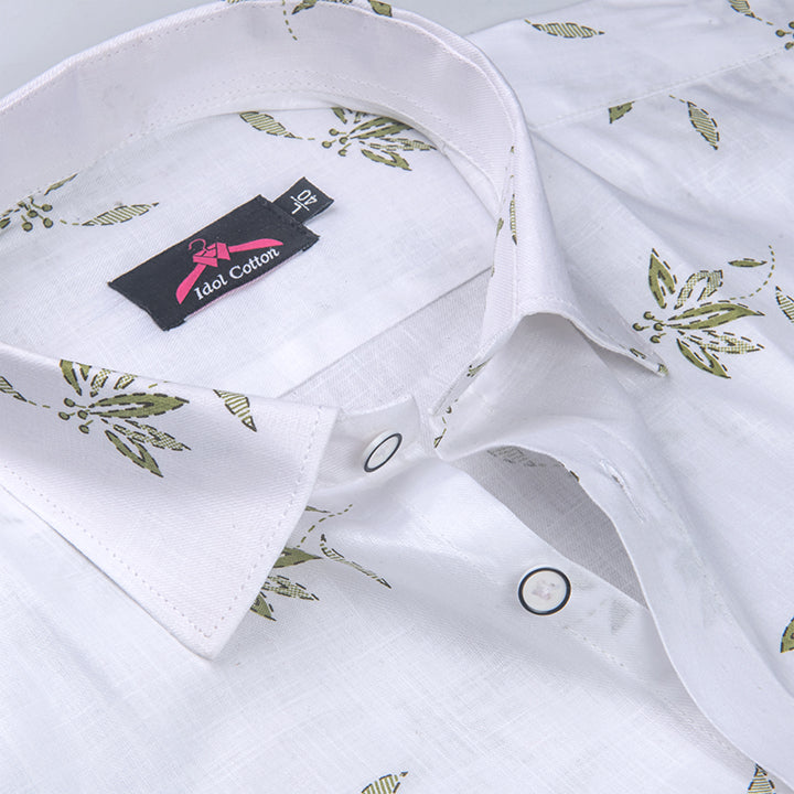Turkey Linen White with Olive Green Big Leaf Print Men’s Shirt
