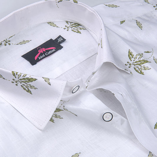 Turkey Linen White with Olive Green Big Leaf Print Men’s Shirt