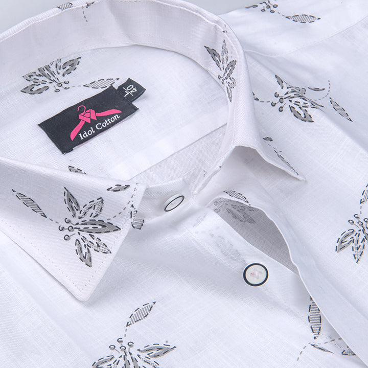 Turkey Linen White with Grey Leaf Print