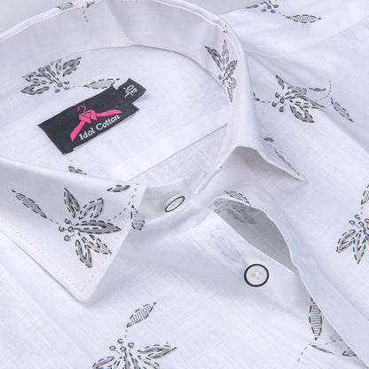 Turkey Linen White with Grey Leaf Print