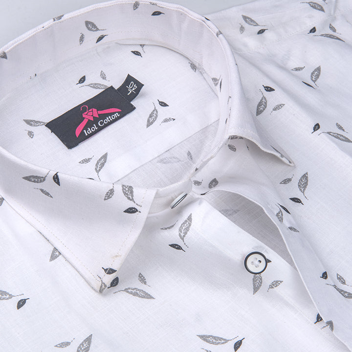 Turkey Linen White with Grey Leaf Print