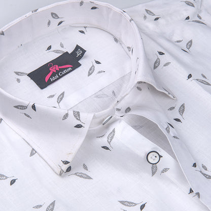 Turkey Linen White with Grey Leaf Print