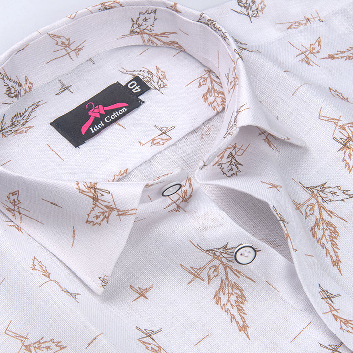 Linen Cotton White with Camel Brown Leaf Sketch Print Men’s Shirt