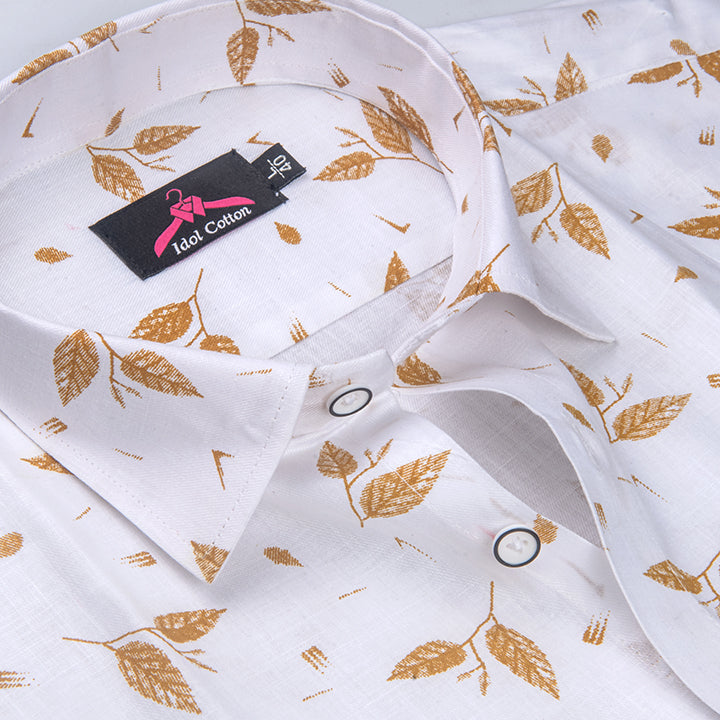 Turkey Linen White with Mustard-Coloured Botanical Leaf Print