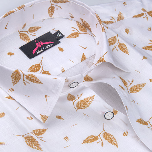 Turkey Linen White with Mustard-Coloured Botanical Leaf Print