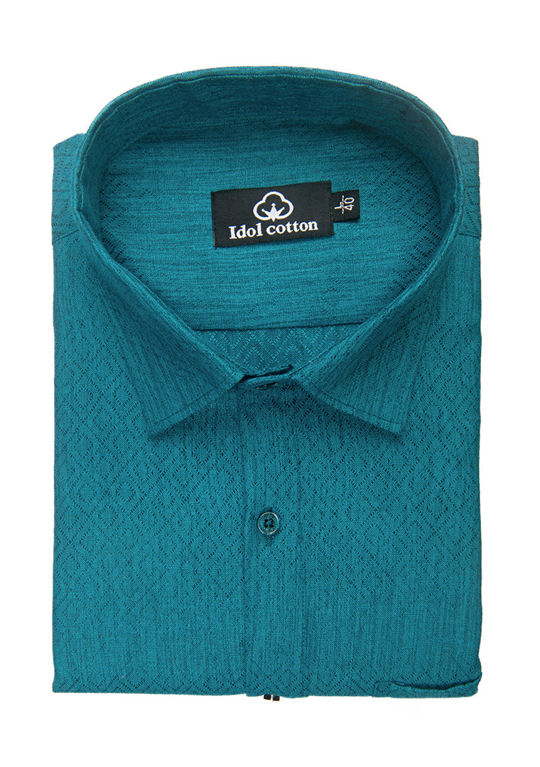Teal Jacquard Dimond Pattern Cotton Shirt Blue Green Tons Color