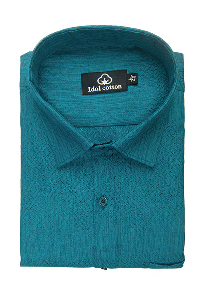 Teal Jacquard Dimond Pattern Cotton Shirt Blue Green Tons Color