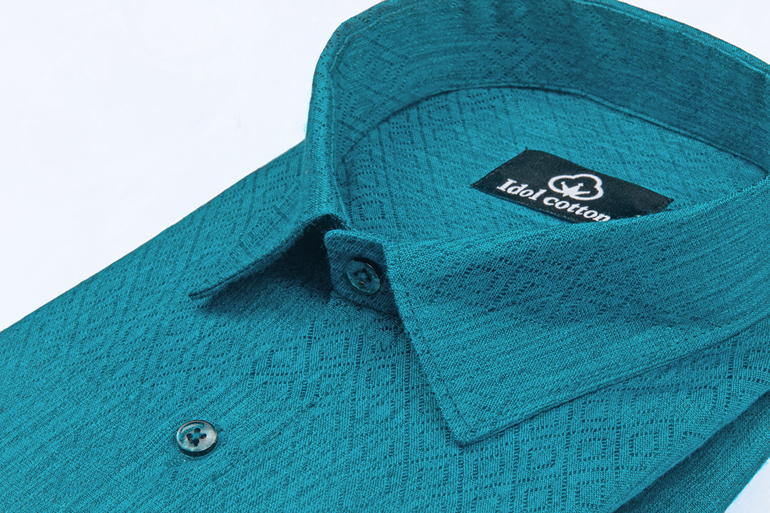 Teal Jacquard Dimond Pattern Cotton Shirt Blue Green Tons Color