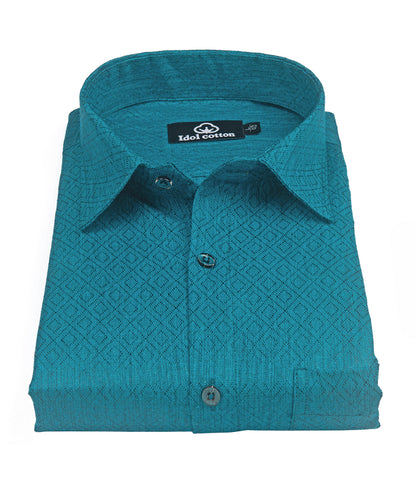 Teal Jacquard Dimond Pattern Cotton Shirt Blue Green Tons Color